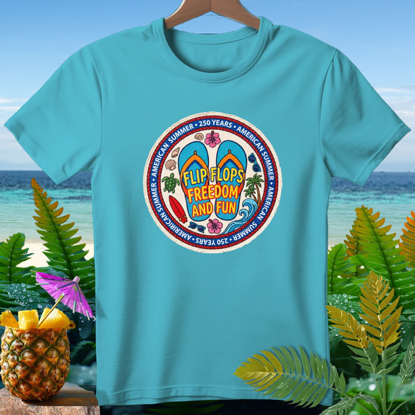 Teal t-shirt with "Flip Flops Freedom and Fun" graphic.