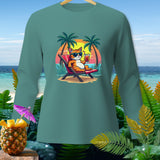 Orange cat in sunglasses on a beach chair with a drink, palm trees, and sunset.