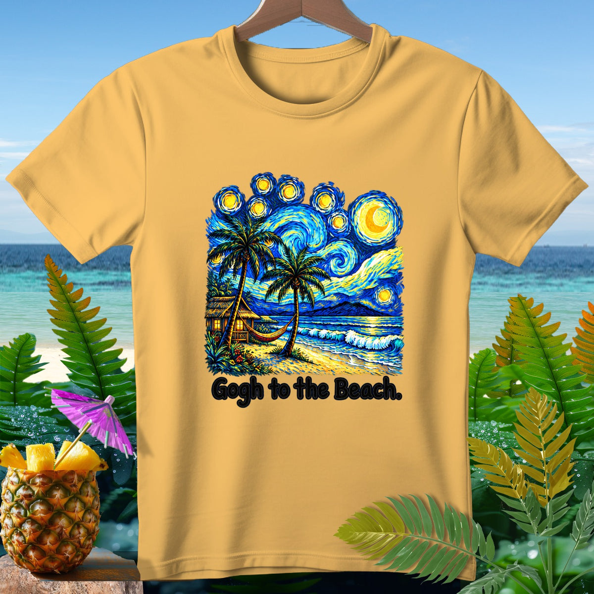 Yellow t-shirt with a starry night beach scene and text "Gogh to the Beach."