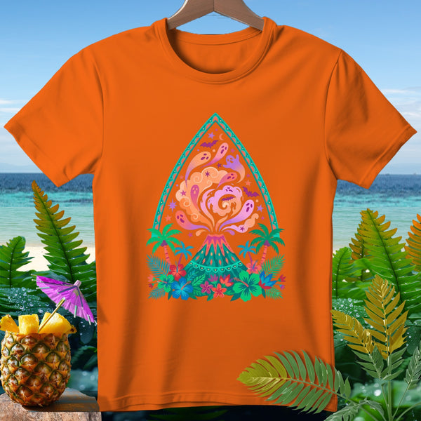 Orange t-shirt with a colorful graphic of a volcano, ghosts, bats, and tropical foliage.