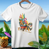 Bulldog and chihuahua pull wagon with beach items, on a white t-shirt.