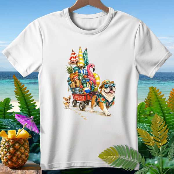 Bulldog and chihuahua pull wagon with beach items, on a white t-shirt.