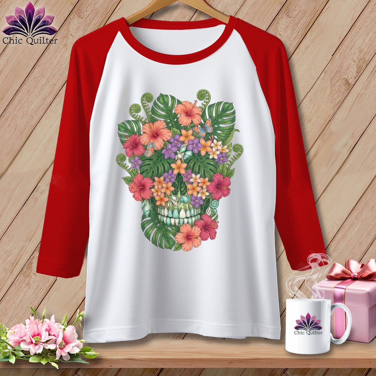 Baseball raglan t-shirt with floral skull design on white front and red sleeves.