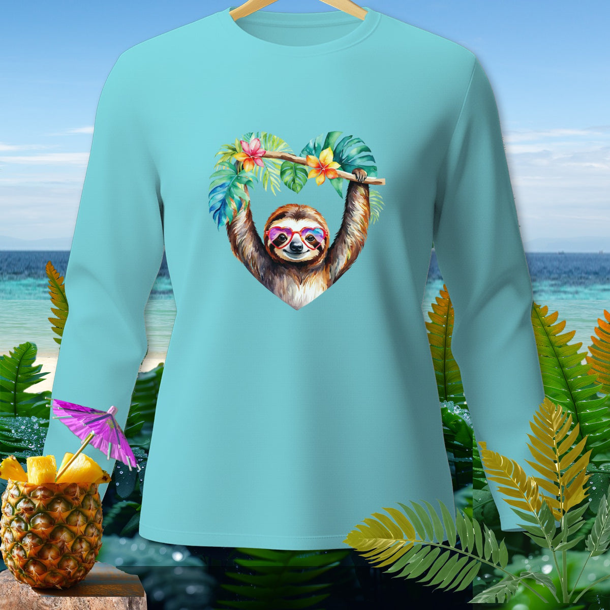 Light blue long-sleeve shirt with a heart graphic of a sloth wearing sunglasses.