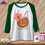 White baseball tee with jack-o'-lantern coconut, hibiscus flower, and 