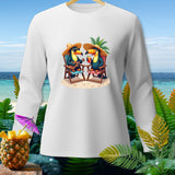 White long-sleeve shirt with cartoon toucans on a beach wearing straw hats.