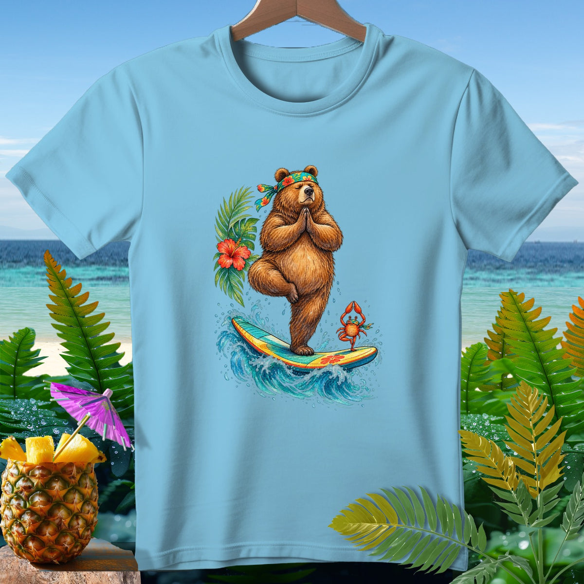 Bear doing tree pose on surfboard with crab, hibiscus, and palm fronds.