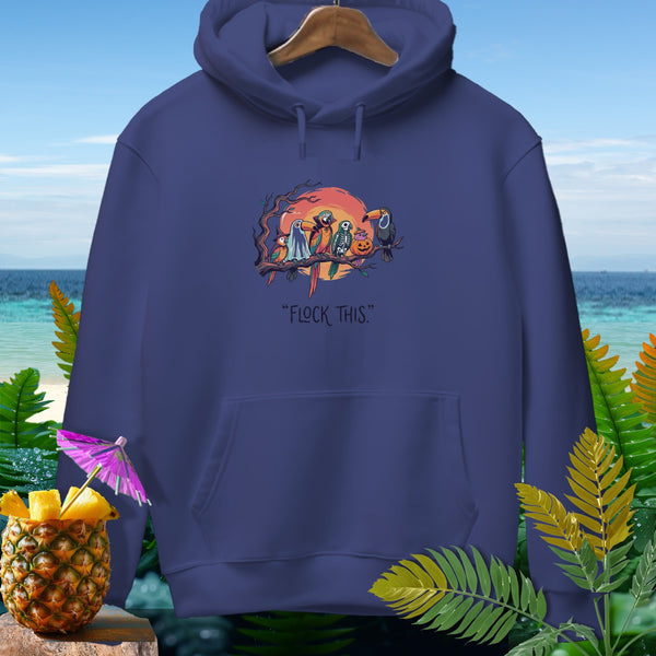Dark blue hoodie with Halloween-themed birds and text "FLOCK THIS."