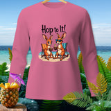 Pink long-sleeve shirt with two kangaroos on a beach chair and 