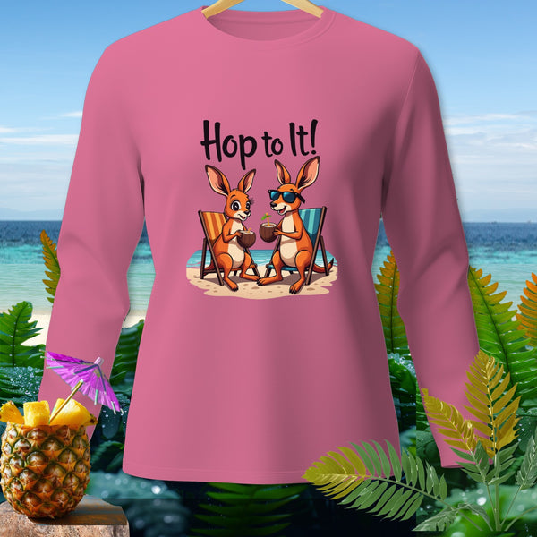 Pink long-sleeve shirt with two kangaroos on a beach chair and "Hop to It!" text.