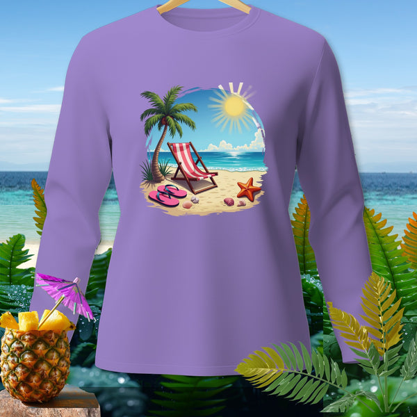 Purple long-sleeved shirt with a beach scene graphic featuring a palm tree, lounge chair, and flip-flops.