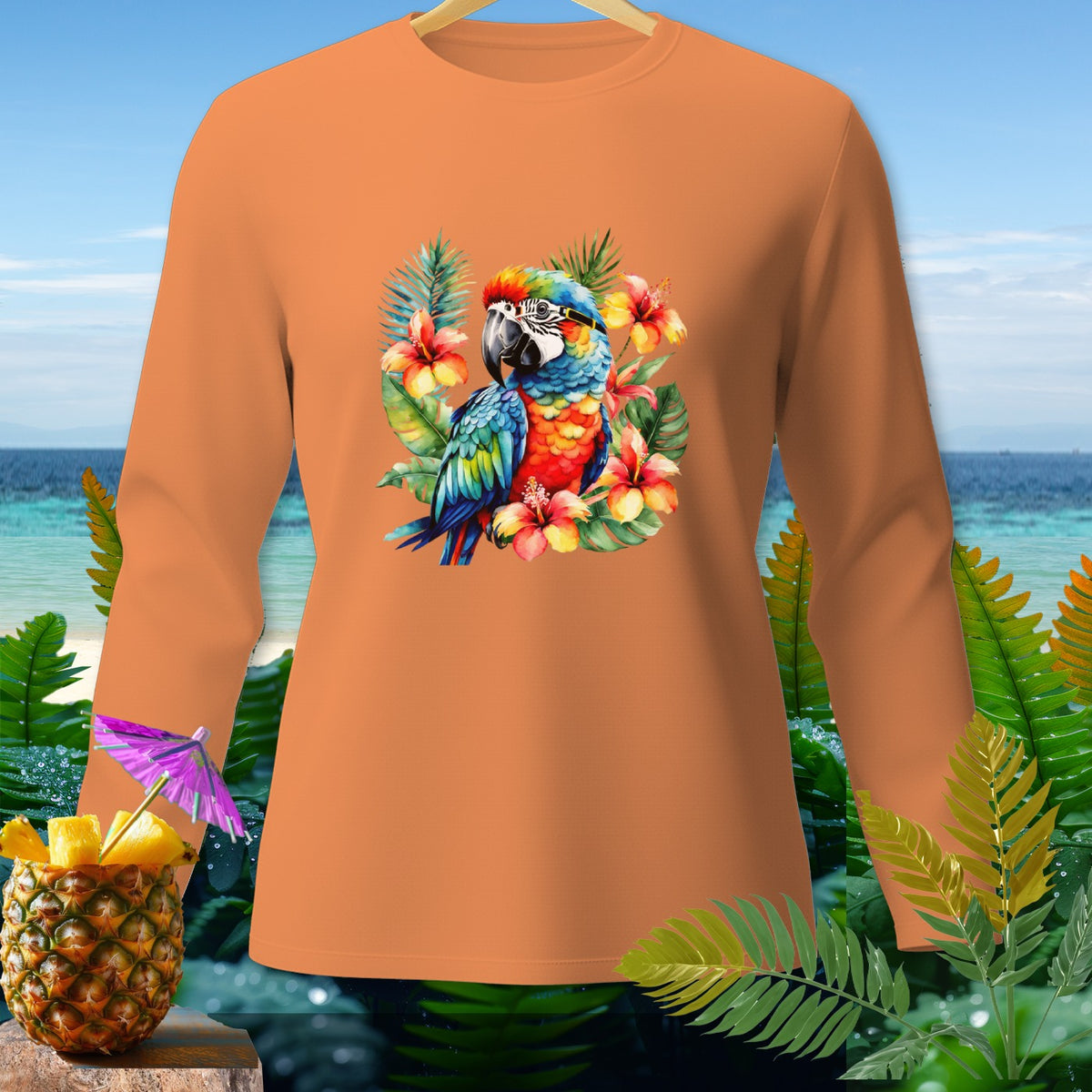 Orange long-sleeve shirt with a colorful parrot and floral design.