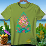 Green t-shirt with a colorful graphic of a volcano erupting ghosts and tropical foliage.