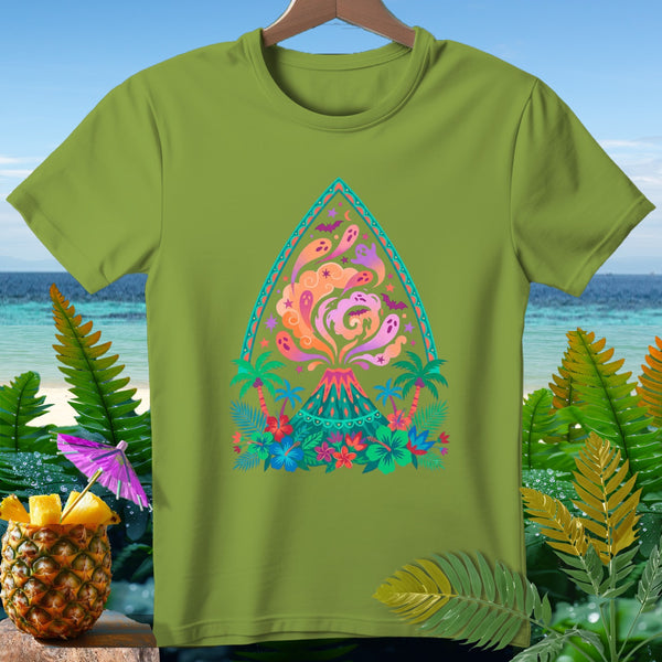 Green t-shirt with a colorful graphic of a volcano erupting ghosts and tropical foliage.