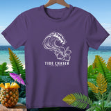 Purple t-shirt with white wave and hibiscus graphic, reading 