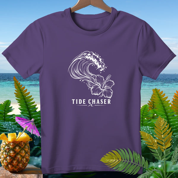 Purple t-shirt with white wave and hibiscus graphic, reading "TIDE CHASER".