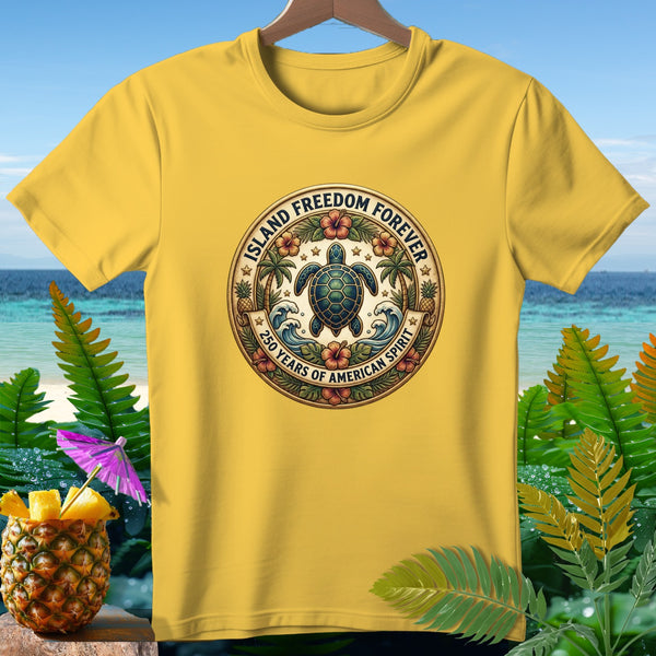 Yellow t-shirt with round graphic featuring a turtle, palm trees, flowers, waves, and text.