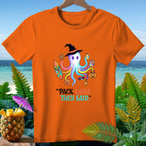 Orange t-shirt with a colorful octopus graphic and 