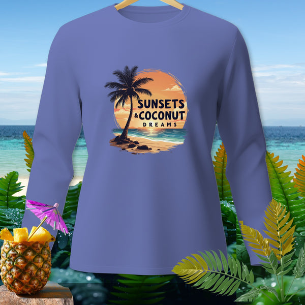 Long sleeve shirt with "Sunsets & Coconut Dreams" beach graphic and pineapple garnish.