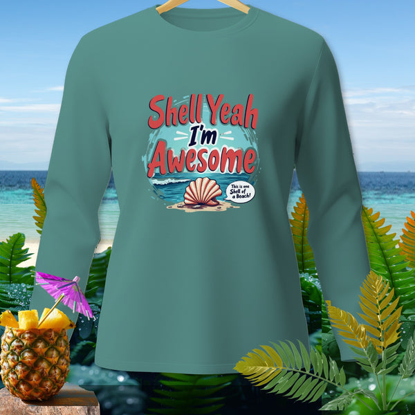 Teal long-sleeve shirt with "Shell Yeah I'm Awesome" graphic and beach scene.