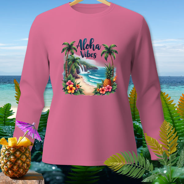 Pink long-sleeve shirt with "Aloha Vibes" and tropical beach graphic.