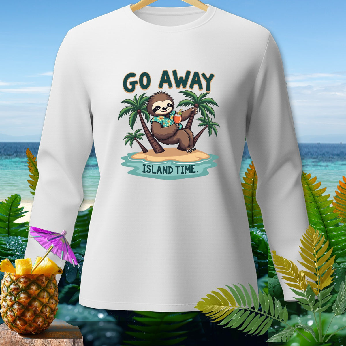 White long-sleeve shirt with sloth on island graphic saying "GO AWAY ISLAND TIME."