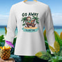 White long-sleeve shirt with sloth on island graphic saying "GO AWAY ISLAND TIME."