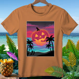 Orange t-shirt with a graphic of a jack-o'-lantern on a beach at sunset.