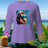 Purple long-sleeve shirt with an orangutan wearing sunglasses graphic.