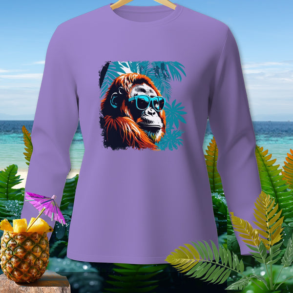 Purple long-sleeve shirt with an orangutan wearing sunglasses graphic.