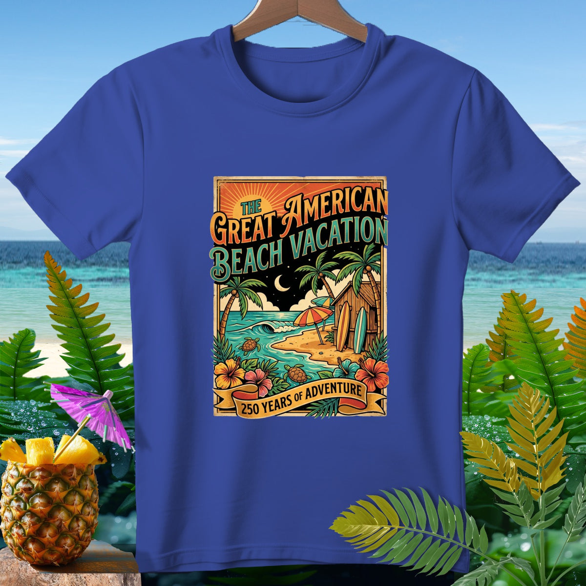 Royal blue t-shirt with "The Great American Beach Vacation 250 Years of Adventure" graphic.