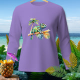Purple long-sleeve shirt with chameleon and palm tree graphic.