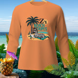 Orange long-sleeved shirt with graphic of zebra on beach reading, 
