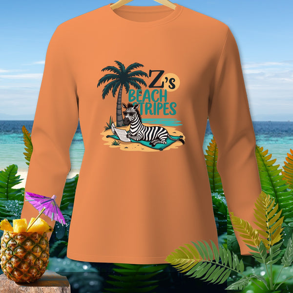 Orange long-sleeved shirt with graphic of zebra on beach reading, "Z's BEACH TRIPES".