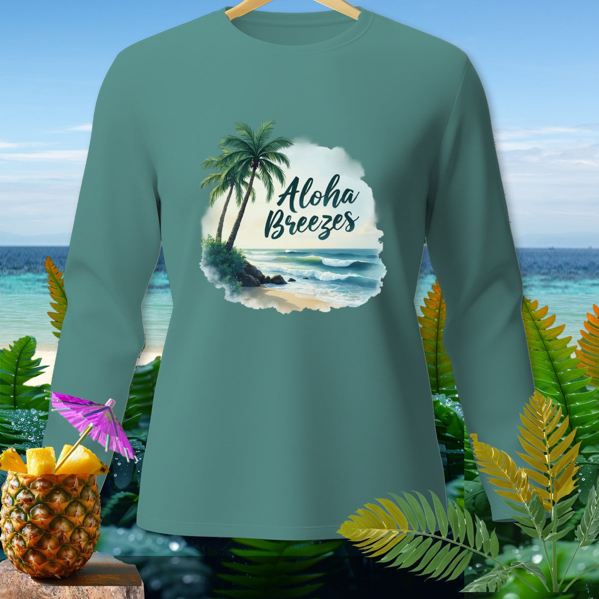 Teal long-sleeve shirt with "Aloha Breezes" tropical beach graphic.