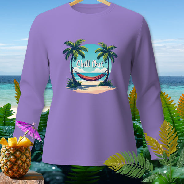 Purple long-sleeve shirt with a "Chill Out" beach scene graphic.