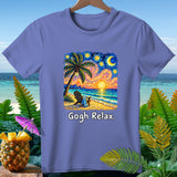 Purple t-shirt with a beach scene in a Van Gogh style, featuring a palm tree and the text 