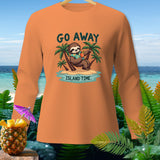 Orange long sleeve shirt with a graphic of a sloth drinking a cocktail on a tropical island.