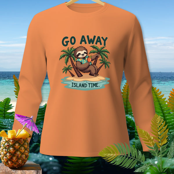 Orange long sleeve shirt with a graphic of a sloth drinking a cocktail on a tropical island.