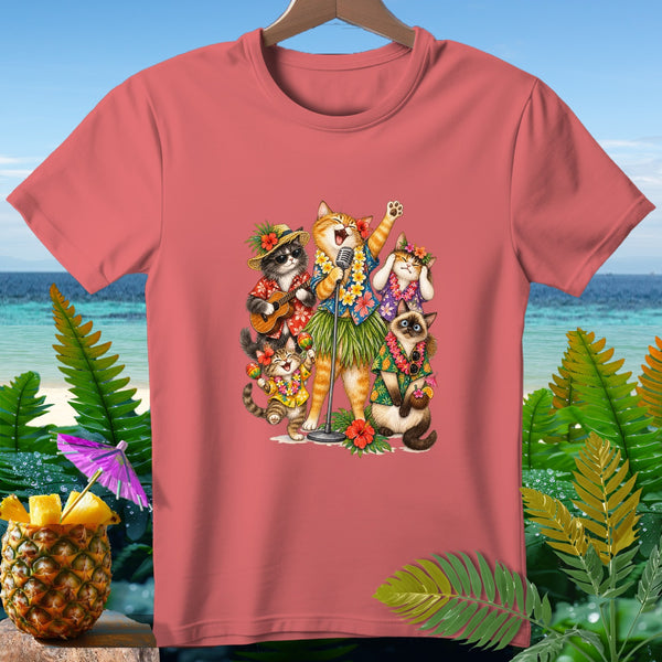 Hawaiian shirt with cartoon cats singing and playing instruments on a beach.
