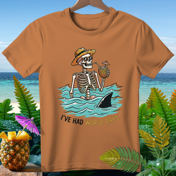 Skeleton in water with shark fin and pineapple drink, "I've Had Worse Days" text.