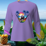 Sloth in sunglasses relaxing in a rainbow hammock on a tropical beach sunset.