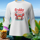 White long-sleeve shirt with a cartoon crab graphic that reads 