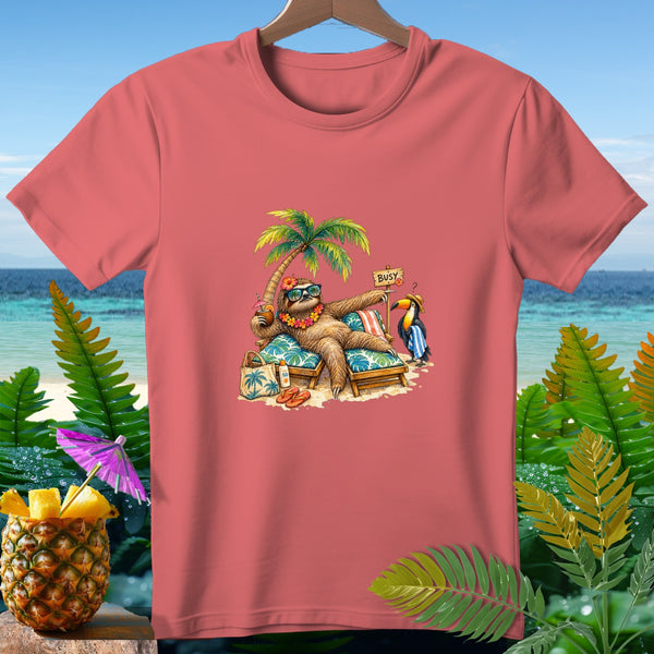 Sloth relaxing on a beach chair with a toucan and a "Busy" sign.