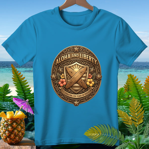 Blue t-shirt with "Aloha and Liberty" emblem celebrating 250 years of freedom.