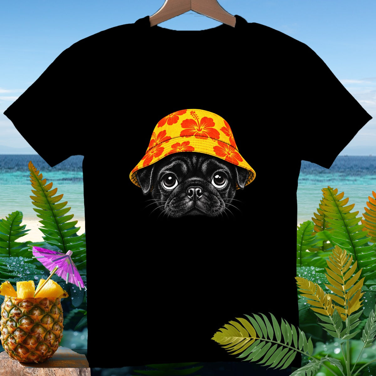 Black t-shirt with a pug wearing a yellow hibiscus-patterned bucket hat.