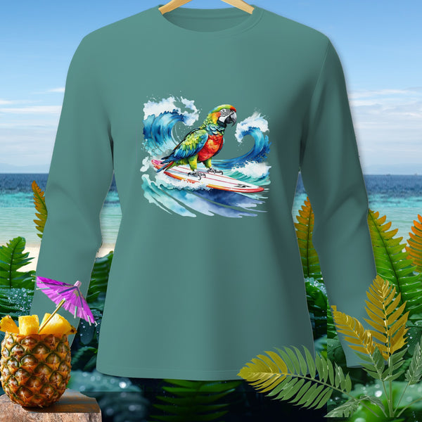 Green long-sleeve shirt with a colorful parrot surfing on a wave graphic.
