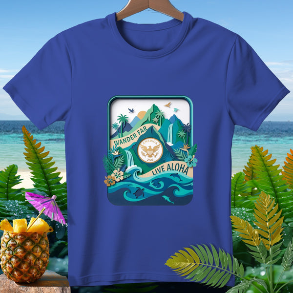 Blue t-shirt with tropical landscape design featuring mountains, waterfalls, and ocean with "Wander Far America 250 Live Aloha".