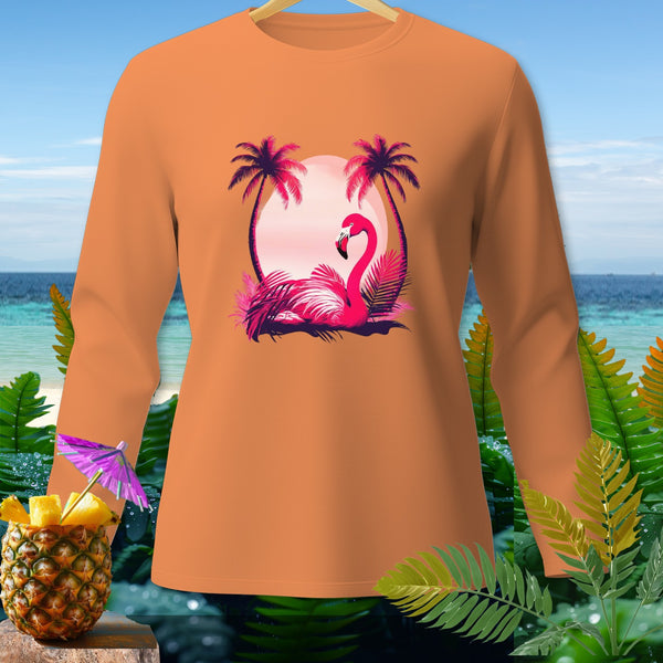 Orange long-sleeve shirt with a pink flamingo, palm trees, and sunset graphic.