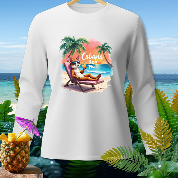White long-sleeve shirt with "Cabana Boy Please" text and illustration.